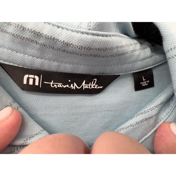 Travis Mathew Men's Large Golf Polo Blue Gray Striped Performance Shirt L - Picture 4 of 5
